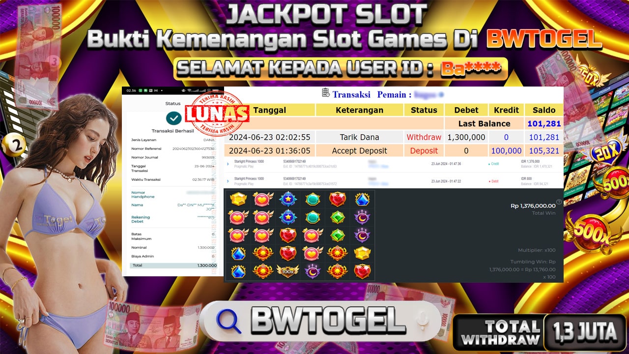 BUKTI JACKPOT SLOT STARLIGHT PRINCESS 1000 TERPERCAYA DI INDONESIA TGL 23-06-2024