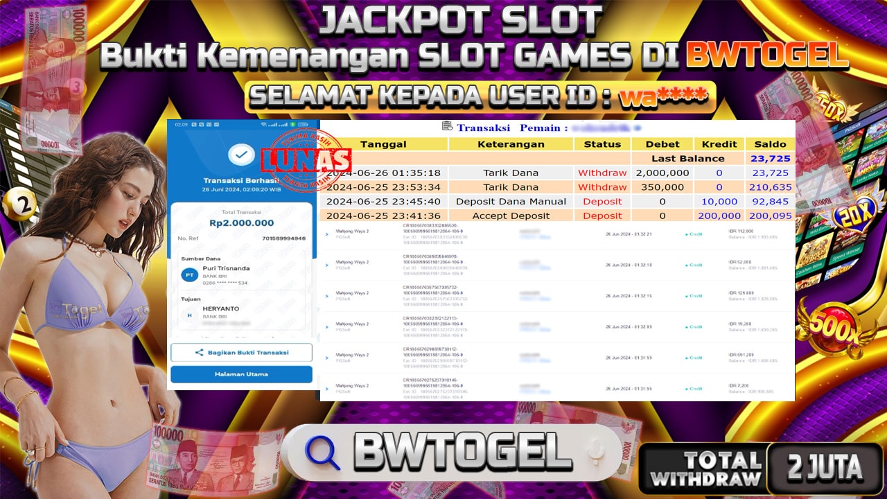 BUKTI JACKPOT SLOT MAHJONG WAYS 2 TERPERCAYA DI INDONESIA TGL 26-06-2024