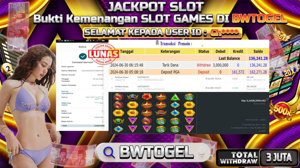 BUKTI JACKPOT SLOT MANIA OLYMPUS TERPERCAYA DI INDONESIA TGL 30-06-2024