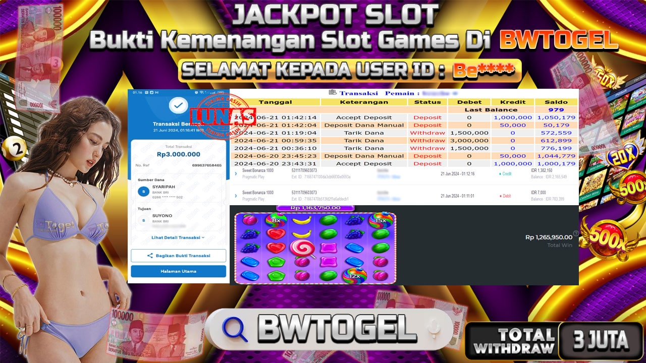 BUKTI JACKPOT SLOT SWEET BONANZA 1000 TERPERCAYA DI INDONESIA TGL 21-06-2024