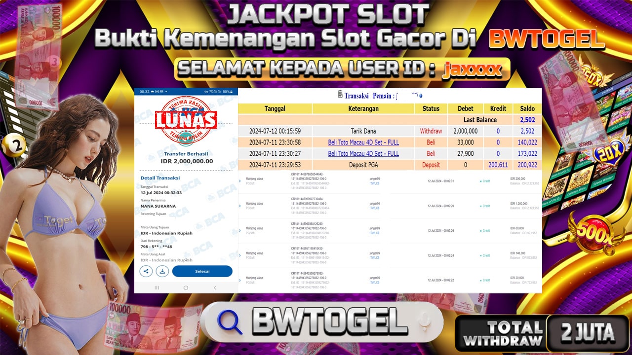 BUKTI JACKPOT SLOT MAHJONG WAYS TERPERCAYA DI INDONESIA TGL 12-07-2024