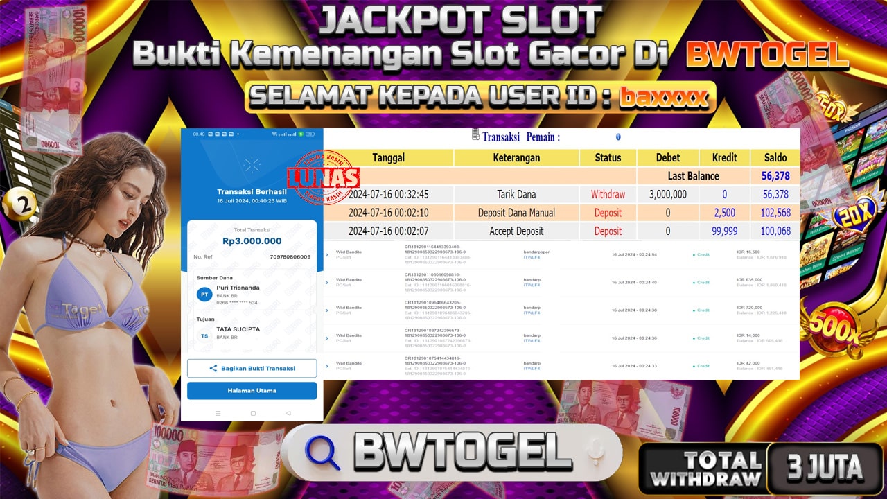 BUKTI JACKPOT SLOT WILD BANDITO TERPERCAYA DI INDONESIA TGL 16-07-2024