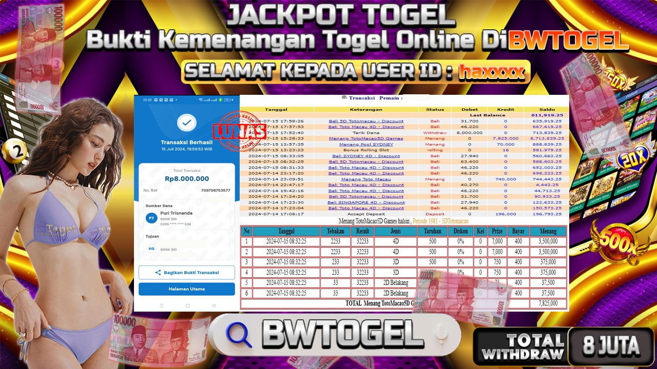 BUKTI JACKPOT TOGEL TOTO MACAU 5D TERPERCAYA DI INDONESIA TGL 15-07-2024