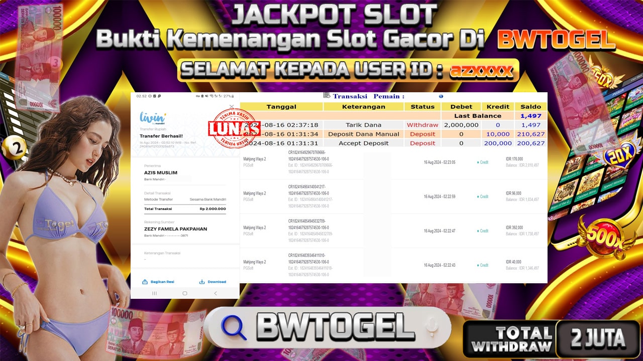 BUKTI JACKPOT SLOT MAHJONG WAYS 2 TERPERCAYA DI INDONESIA TGL 16-08-2024