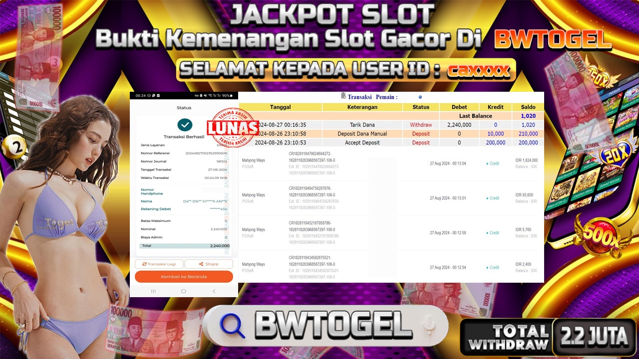 BUKTI JACKPOT SLOT MAHJONG WAYS TERPERCAYA DI INDONESIA TGL 27-08-2024