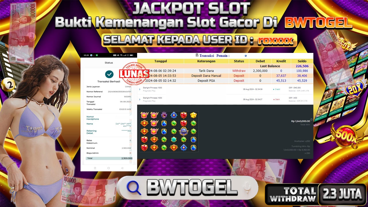 BUKTI JACKPOT SLOT STARLIGHT PRINCESS 1000 TERPERCAYA DI INDONESIA TGL 06-08-2024