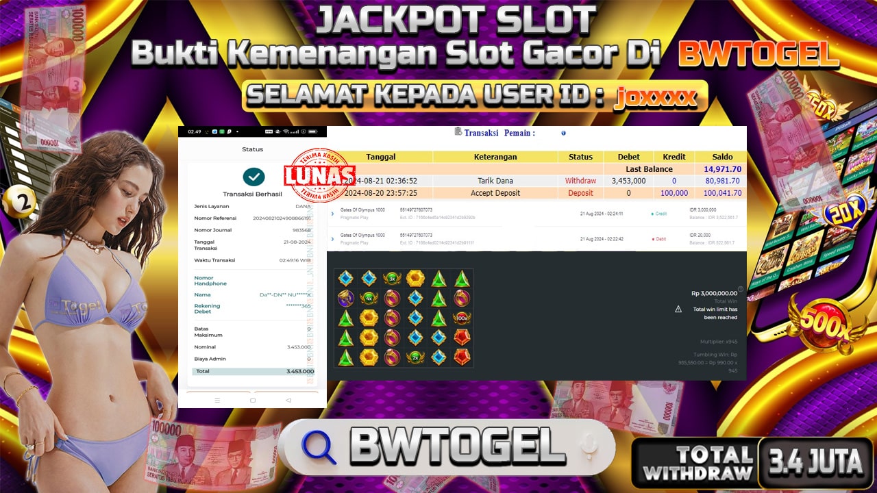 BUKTI JACKPOT SLOT GATES OF OLYMPUS 1000 TERPERCAYA DI INDONESIA TGL 21-08-2024