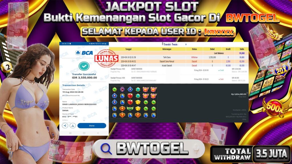 BUKTI JACKPOT SLOT STARLIGHT PRINCESS 1000 TERPERCAYA DI INDONESIA TGL 19-08-2024