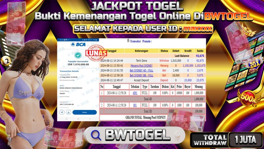 BUKTI JACKPOT TOGEL ONLINE POOL SYDNEY TERPERCAYA DI INDONESIA TGL 11-08-2024