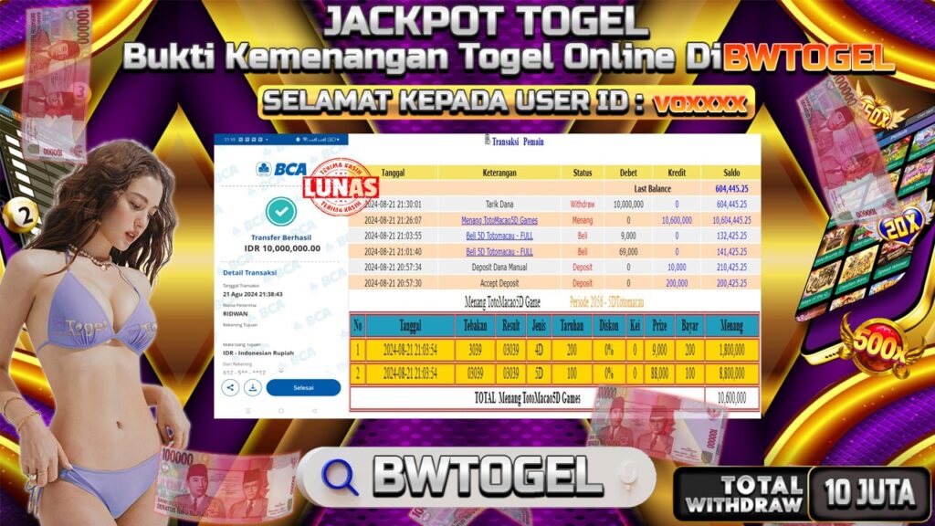 BUKTI JACKPOT TOGEL ONLINE TOTO MACAU 5D TERPERCAYA DI INDONESIA TGL 21-08-2024