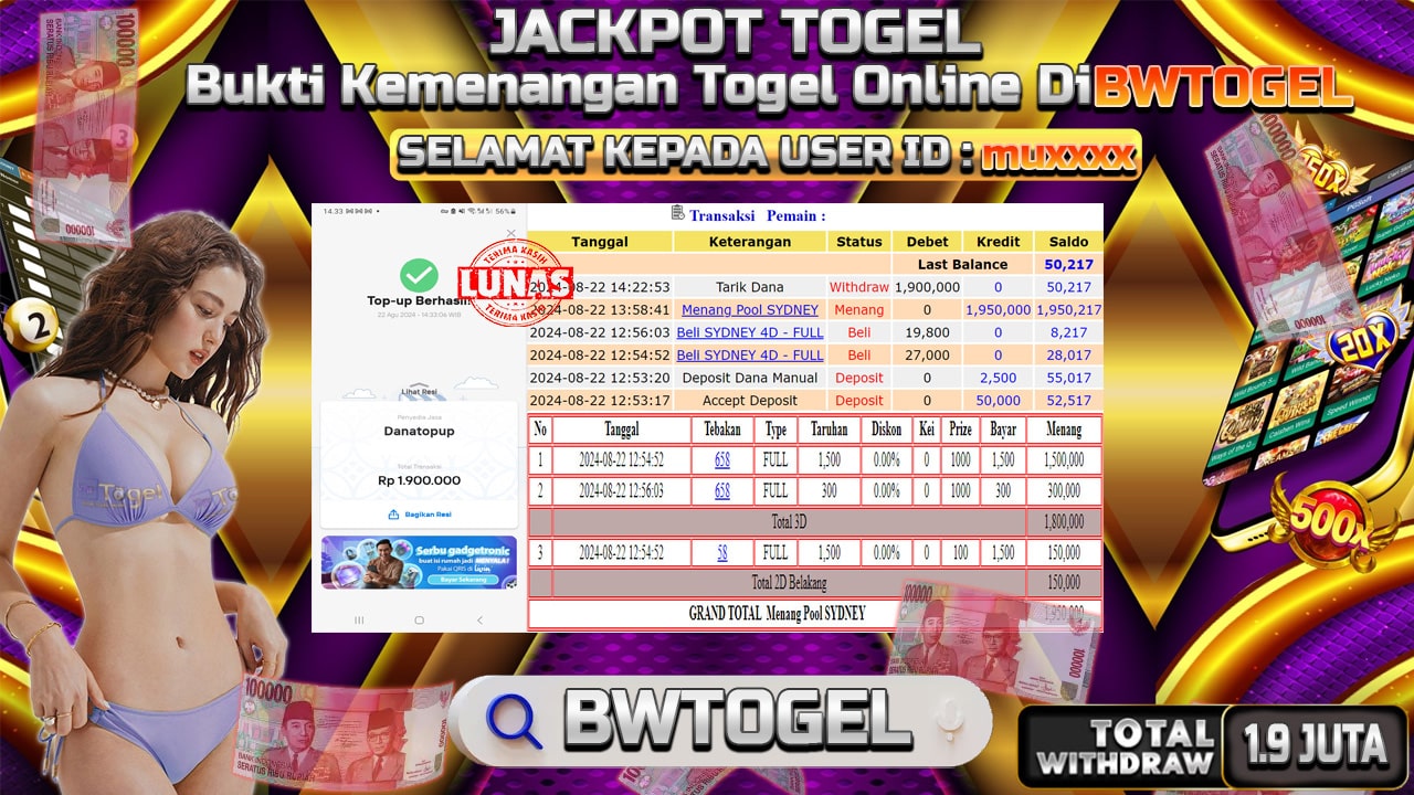 BUKTI JACKPOT TOGEL ONLINE POOL SYDNEY TERPERCAYA DI INDONESIA TGL 22-08-2024