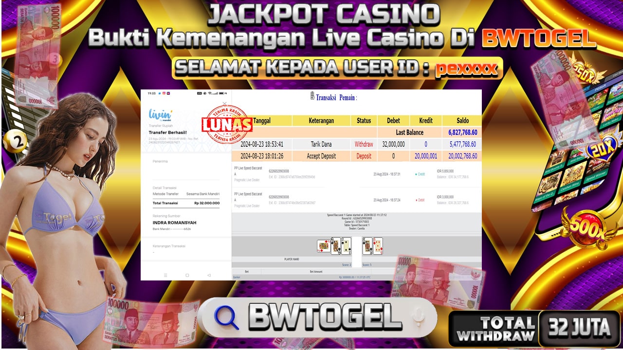 BUKTI JACKPOT LIVE CASINO BACCARAT A TERPERCAYA DI INDONESIA TGL 20-08-2024