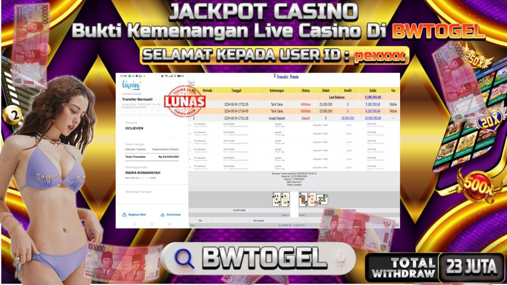 BUKTI JACKPOT LIVE CASINO BACCARAT A TERPERCAYA DI INDONESIA TGL 24-08-2024