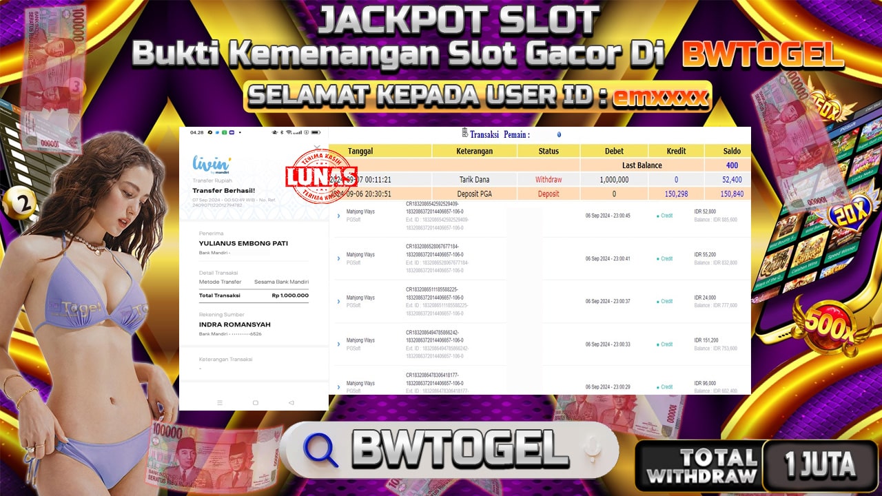 BUKTI JACKPOT SLOT MAHJONG WAYS TERPERCAYA DI INDONESIA TGL 07-09-2024