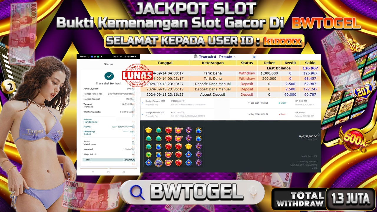 BUKTI JACKPOT SLOT STARLIGHT PRINCESS 1000 TERPERCAYA DI INDONESIA TGL 14-09-2024