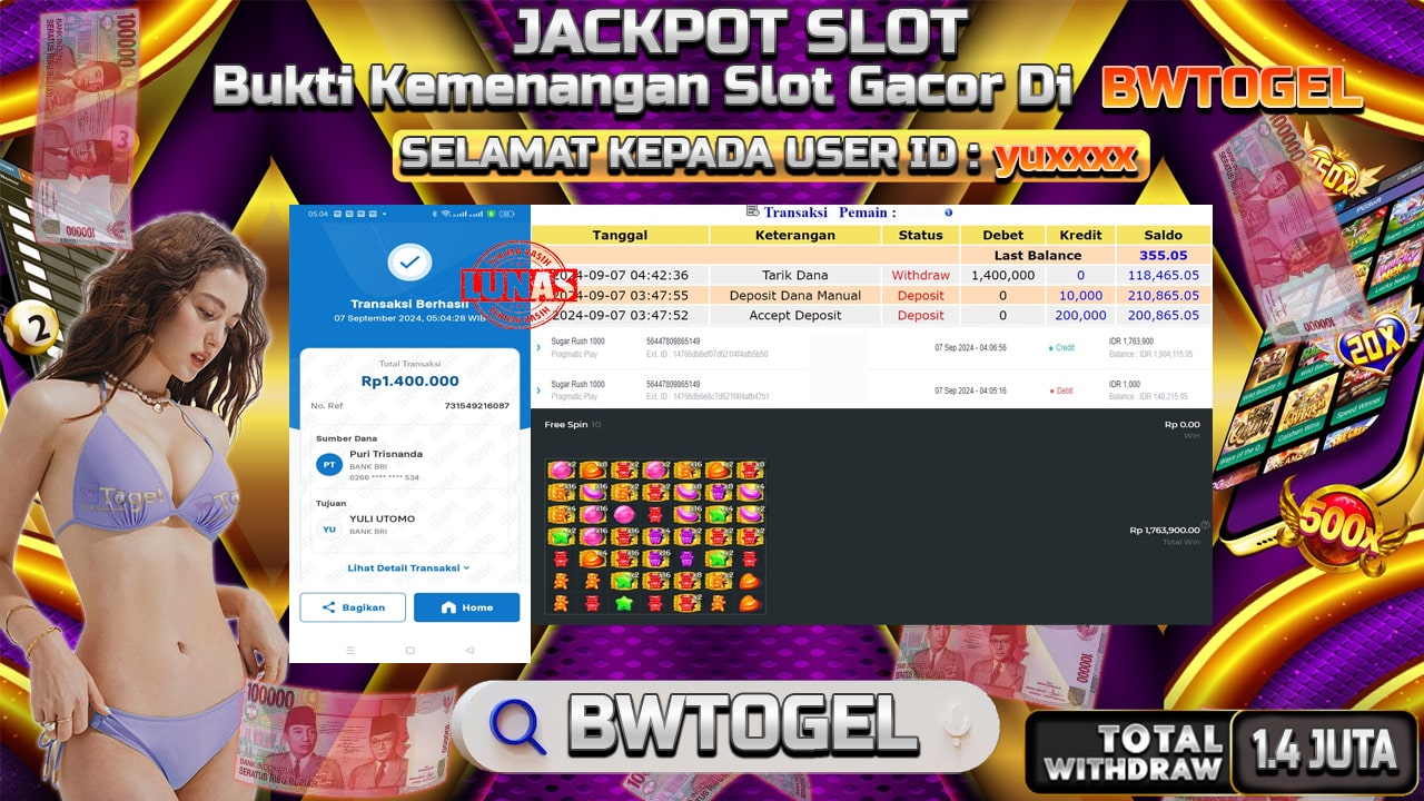 BUKTI JACKPOT SLOT SUGAR RUSH 1000 TERPERCAYA DI INDONESIA TGL 07-09-2024