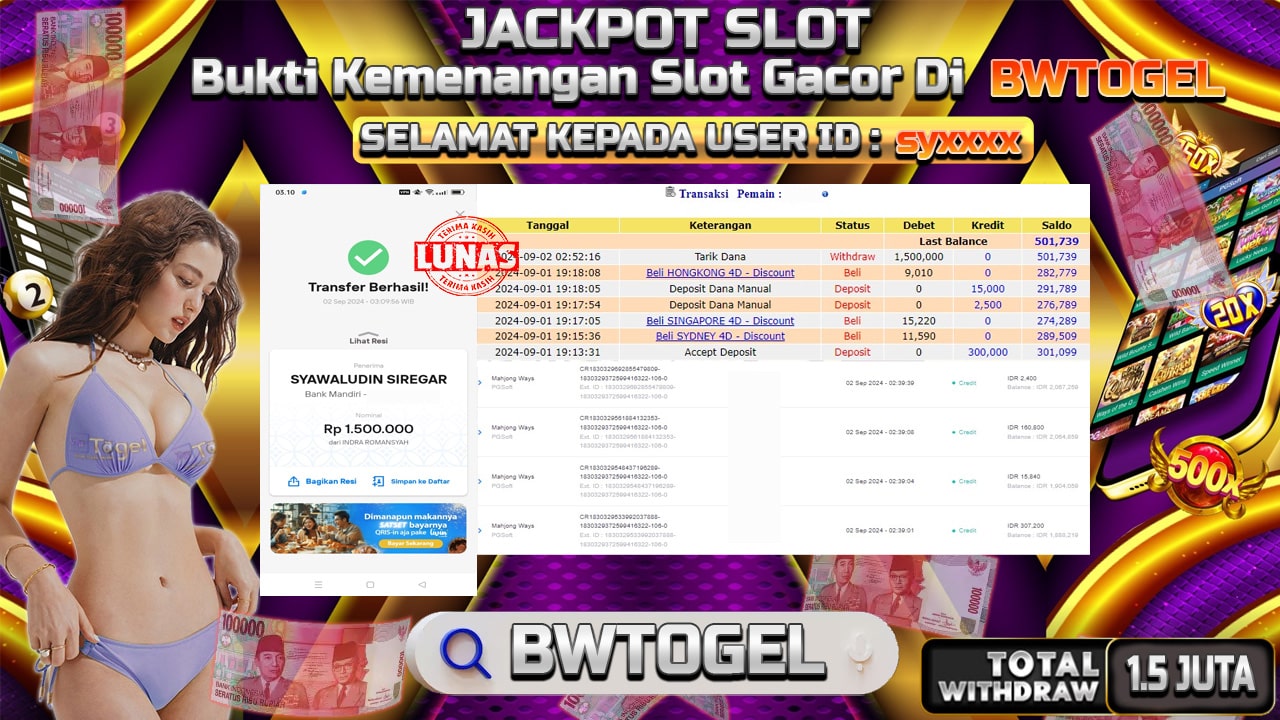 BUKTI JACKPOT SLOT MAHJONG WAYS TERPERCAYA DI INDONESIA TGL 02-09-2024