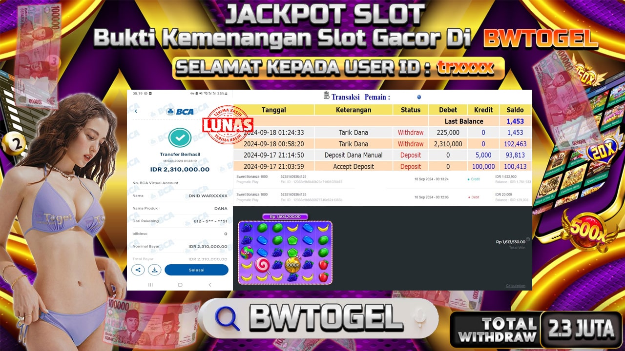 BUKTI JACKPOT SLOT SWEET BONANZA 1000 TERPERCAYA DI INDONESIA TGL 18-09-2024