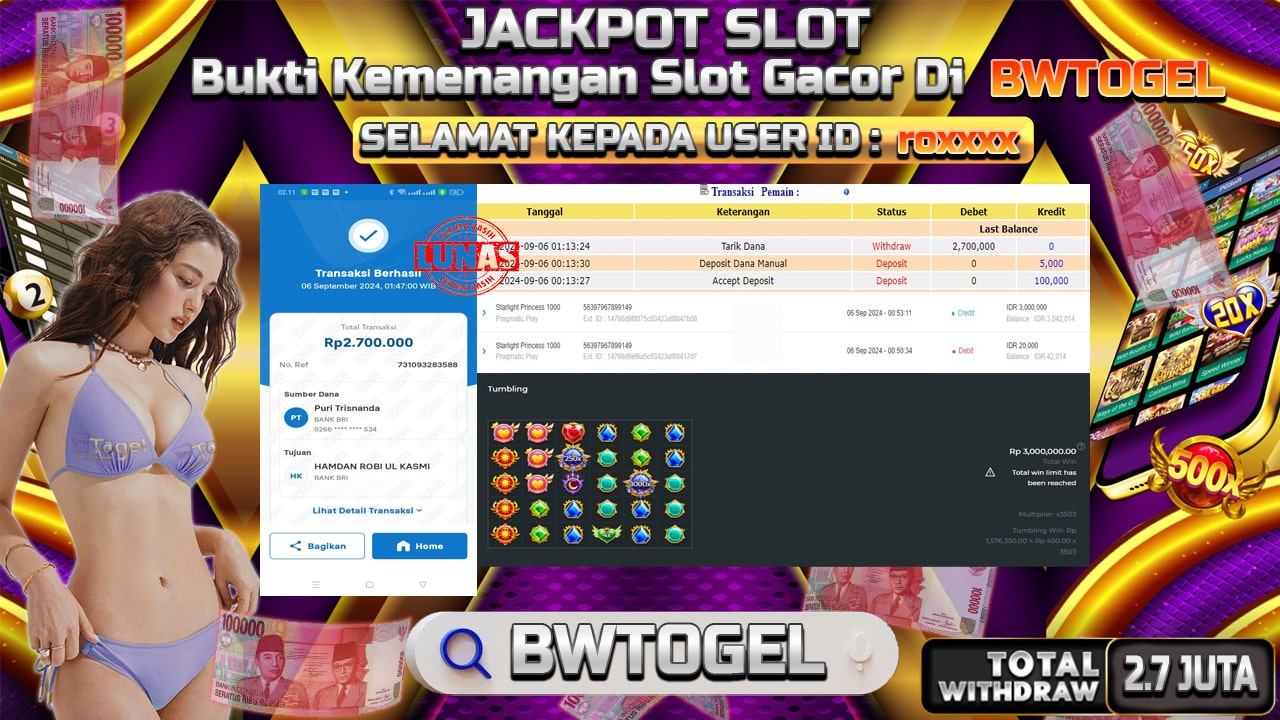 BUKTI JACKPOT SLOT STARLIGHT PRINCESS 1000 TERPERCAYA DI INDONESIA TGL 06-09-2024