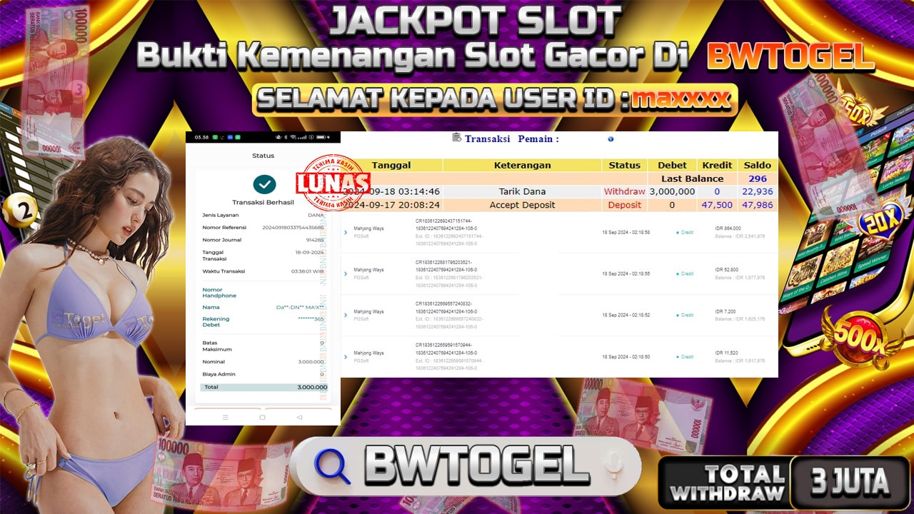 BUKTI JACKPOT SLOT MAHJONG WAYS TERPERCAYA DI INDONESIA TGL 18-09-2024