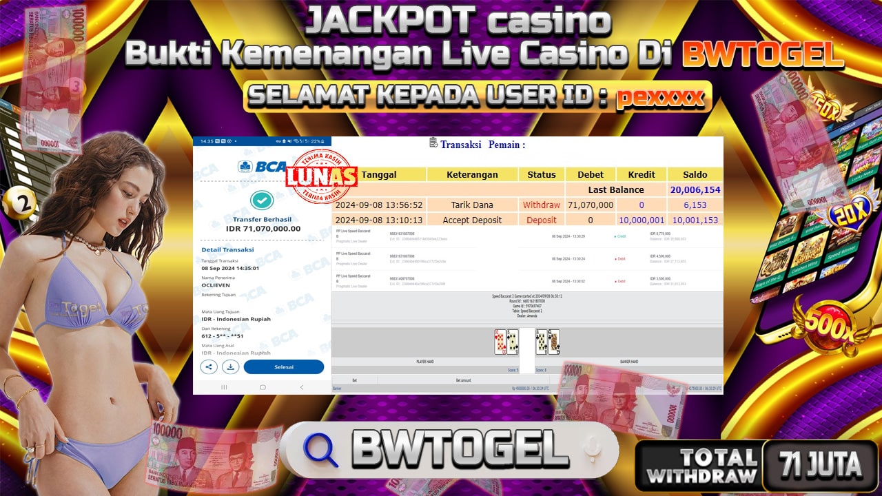 BUKTI JACKPOT CASINO PP LIVE BACCARAT A TERPERCAYA DI INDONESIA TGL 08-09-2024